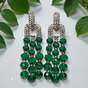 Exquisite Silver Plated Emerald Beaded Zircon Crystal Dangle Earrings